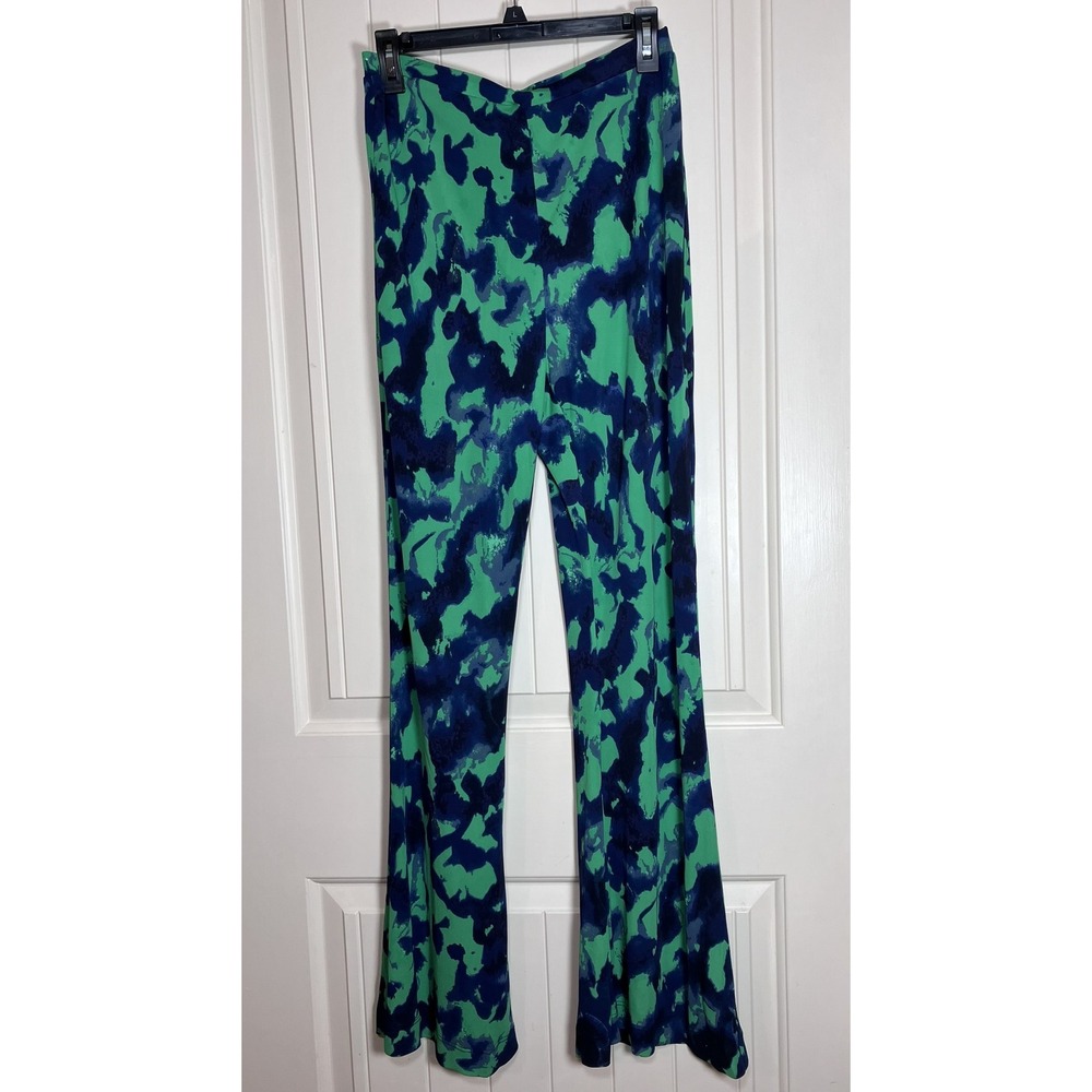 Diane von Furstenberg Green Blue Abstract Print Flare Leg Pants Womens M Boho‎